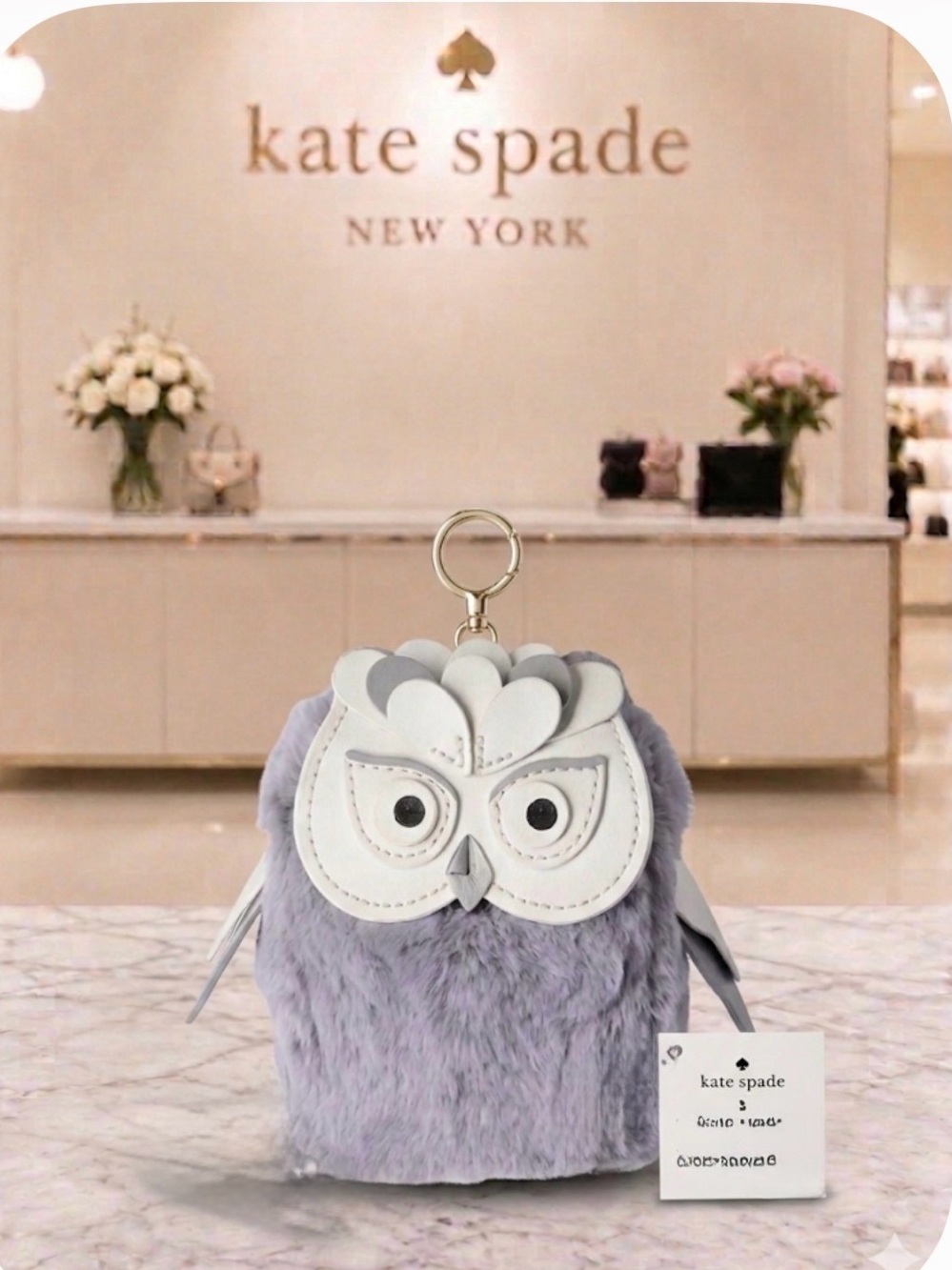 Kate Spade Grey and White Owl Bag charm keychain accessories pouch - NWT
